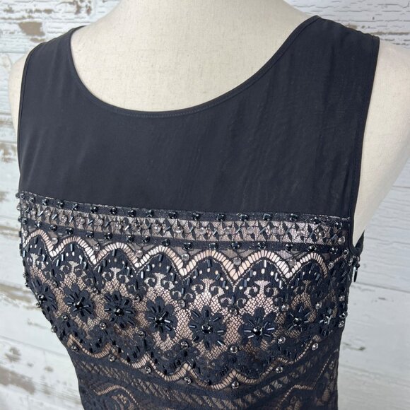 LAUNDRY BY SHELLI SEGAL Lace Illusion Beaded Sleeveless Dress Black Sz 4 EUC - Picture 2 of 6